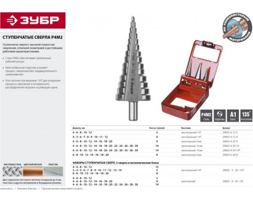 Сверло по металлу ЗУБР МАСТЕР 4-30мм, 14 ступеней, ступенчатое, сталь р4м2 [29665-4-30-14]