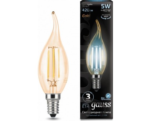 Лампа светодиодная GAUSS Свеча filament на ветру 5w 420lm 4100к е14 golden led [104801805]