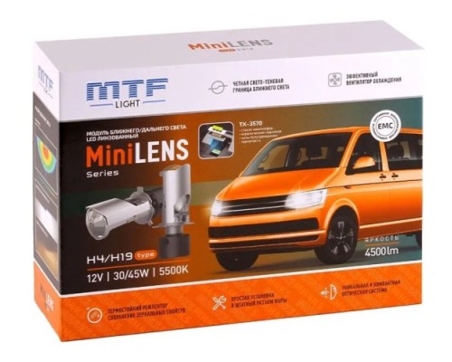 Модули светодиодные MTF LIGHT MiniLENS H4/H19, 12V, 30/45W, 5500K, 4500LM, 2шт. MH4K5