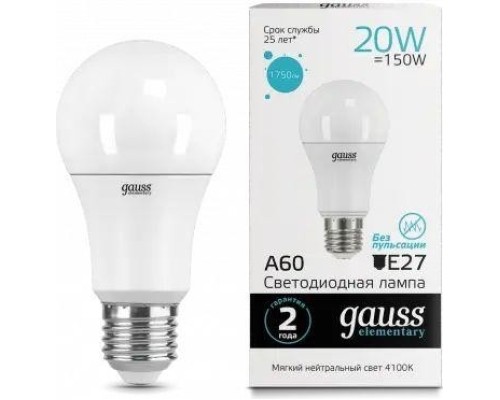 Лампа светодиодная GAUSS A60 elementary a60 20w 1600lm 4100k e27 led [23229]