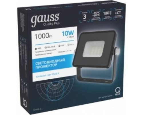 Прожектор GAUSS Qplus 10w 1000lm 6500k 200-240v ip65 черный led [613511310]