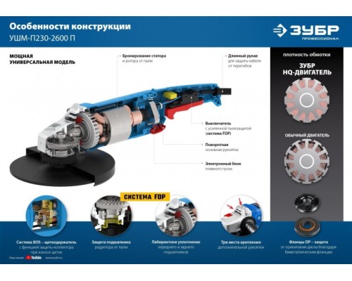 Угловая шлифмашина сетевая ЗУБР Профессионал УШМ-П230-2600 П [УШМ-П230-2600 П]