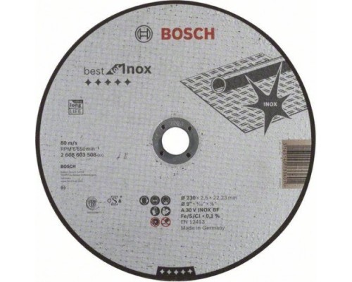 Отрезной круг по нержавеющей стали BOSCH 230х2,5х22 мм A 30 V INOX BF Best for Inox [2608603508]