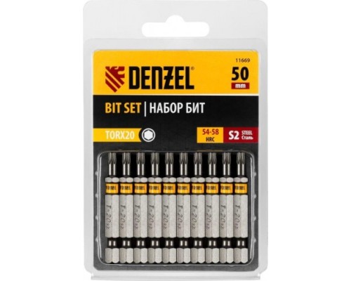 Набор бит DENZEL TORX 20х50 сталь s2, шестигранный профиль, 10 шт. [11669]