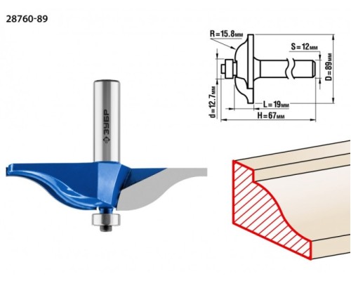 Фреза по дереву ЗУБР ПРОФЕССИОНАЛ 89x19мм, радиус 15.8мм, фигирейная №1 [28760-89]