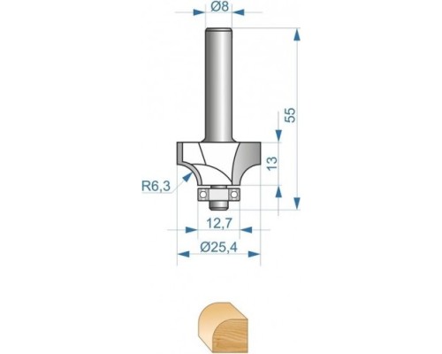 Фреза по дереву ЭНКОР ф25.4х13, r6,3мм хв.8мм кромочная калевочная [9241]