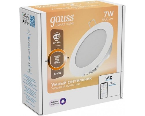 Потолочный светодиодный светильник GAUSS Smart home даунлайт 7w 600lm 2700к 220-240v ip20 105*35мм дим [2010122]