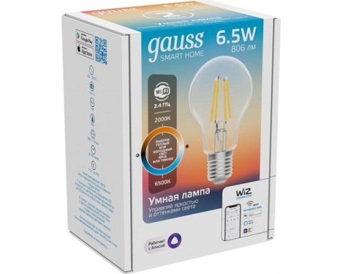Лампа светодиодная GAUSS Smart home filament а60 6,5w 806lm 2000-6500к e27 [1220112]