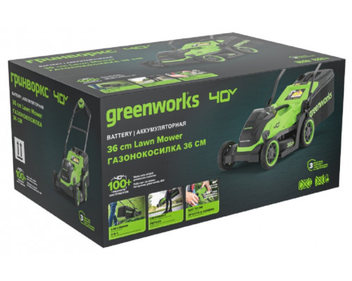 Газонокосилка аккумуляторная GREENWORKS 2520807UB 40V, 36 см, бесщеточная, c 1хАКБ 4 Ач и ЗУ купить с доставкой и официальной гарантией