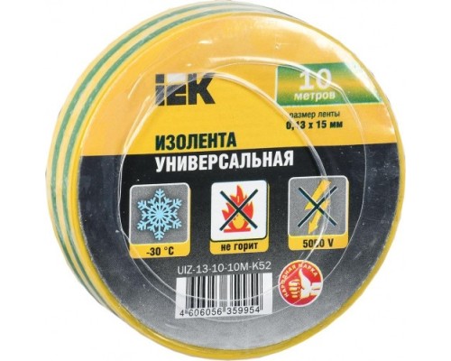 Изолента IEK ПВХ 0.13х15мм (рул. 10м) желт./зел. [UIZ-13-10-10M-K52]