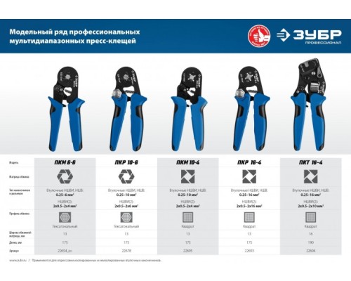 Пресс-клещи ЗУБР ПРОФЕССИОНАЛ пкр-16-4 для втулочных наконечников 0.25-16 мм.кв, [22693]
