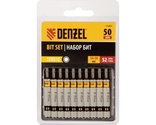 Набор бит DENZEL TORX 10х50 сталь s2, шестигранный профиль, 10 шт. [11667]