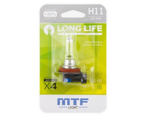 Лампа галогеновая MTF LIGHT H11 12V 55W LONG LIFE x4 блистер HLL1211b