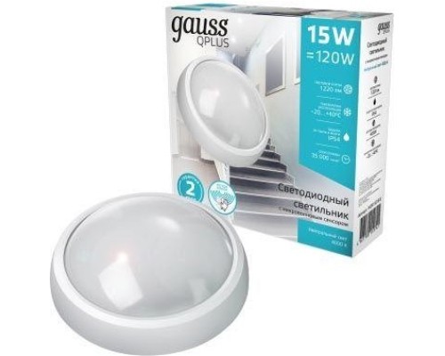 Светильник для ЖКХ светодиодный GAUSS Qplus/ECO круг 15w 1200lm 4000k бел, дек рам, м-вол сенс led [142411215-S]