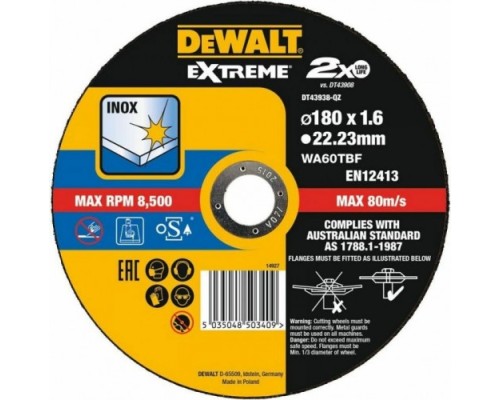 Отрезной круг по нержавеющей стали DeWALT 180х1.6x22.2 мм Extreme DT43938-QZ [DT43938-QZ]