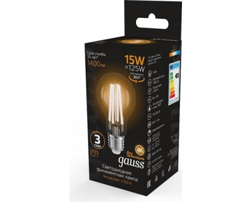 Лампа светодиодная GAUSS A60 filament а60 15w 1400lm 2700к е27 led [102902115]