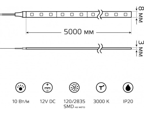 Лента светодиодная GAUSS BT039 basic 12v 10w/m 700lm/m 3000k ip20 led 5m Лента светодиодная GAUSS BT039 basic 12v 10w/m 700lm/m 3000k ip20 led 5m