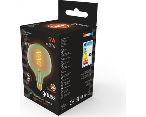 Лампа светодиодная GAUSS G125 filament 5w 190lm 1800к е27 green flexible led [1012802105]