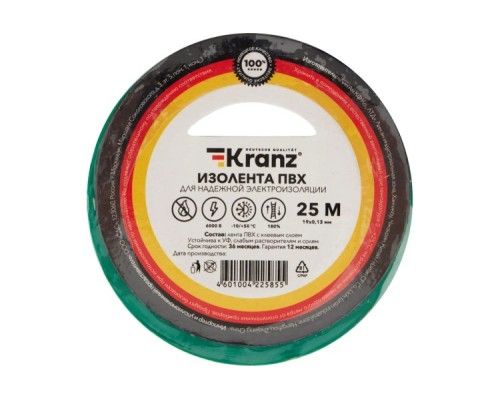 Изолента Kranz KR-09-2203 ПВХ 19 мм х25 м, зеленая