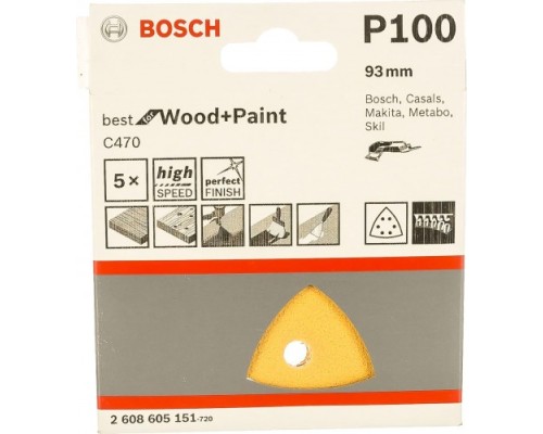Набор шлифовальных листов для МФИ BOSCH 93 мм 6 отв. Р 100 VELCRO (уп.5шт) BEST FOR WOOD end PAINT [2608605151]