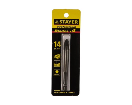 Сверло по стеклу и керамике STAYER 14 х 90мм PROFI 4х кромка, HEX 1/4 2985-14_z01