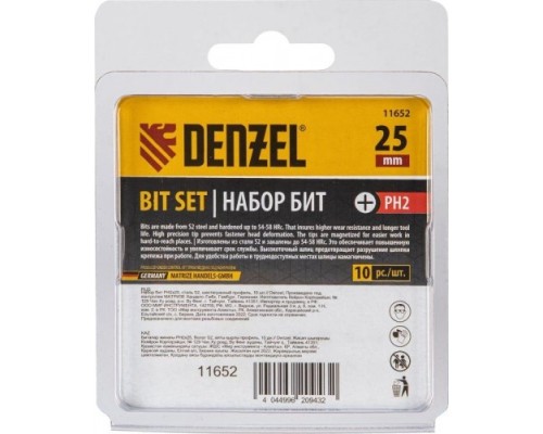 Набор бит DENZEL PH2х25 сталь s2, шестигранный профиль, 10 шт. [11652]