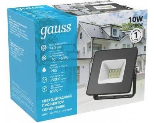 Прожектор GAUSS Elementary 10w 850lm 6500к 200-240v ip65 черный led [613100310P]