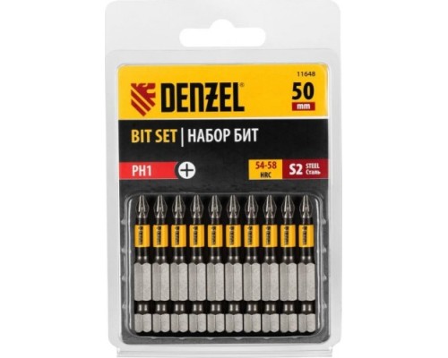 Набор бит DENZEL PH1х50 сталь s2, круглый профиль, 10 шт. [11648]