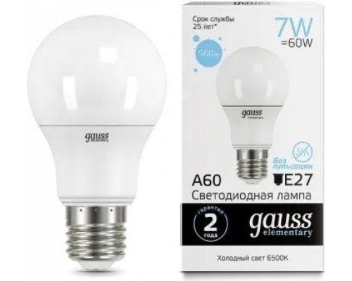 Лампа светодиодная GAUSS A60 elementary a60 7w 560lm 6500k e27 led [23237A]