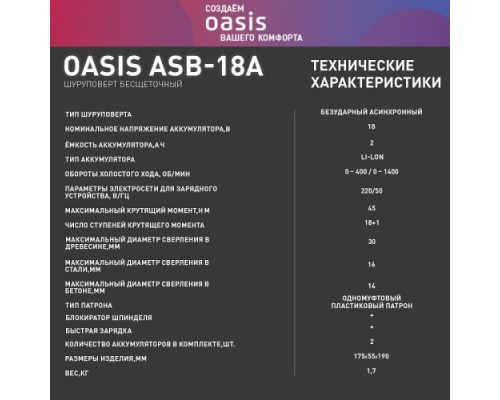 Дрель-шуруповерт аккумуляторная OASIS ASB-18A [4640039483311]