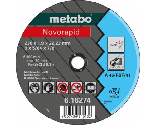 Диск отрезной по нержавеющей стали METABO 230x1,9x22,23 мм A46T Novorapid [616274000]