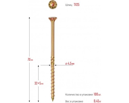 Конструкционные саморезы ЗУБР КС-П 70х4.5 мм, 100 шт., желтый цинк [30041-45-070]