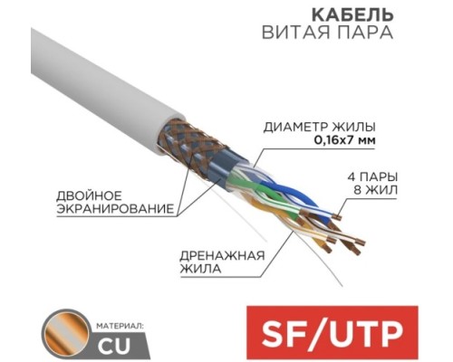 Кабель REXANT SF/UTP, CAT 5e, PVC 4х2x(0,16х7)мм, внутр. многожильный, серый [01-0343]