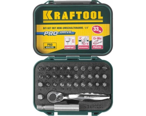 Набор бит KRAFTOOL EXPERT 26157-H33 с мини трещоткой 1/4