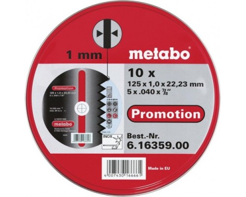 Отрезной круг по нержавеющей стали METABO 125x1,0x22,23 мм А60R (10шт.) в металлической коробке [616359000]
