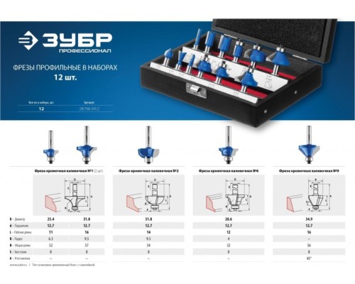 Набор фрез по дереву ЗУБР 28796-H12 ПРОФЕССИОНАЛ