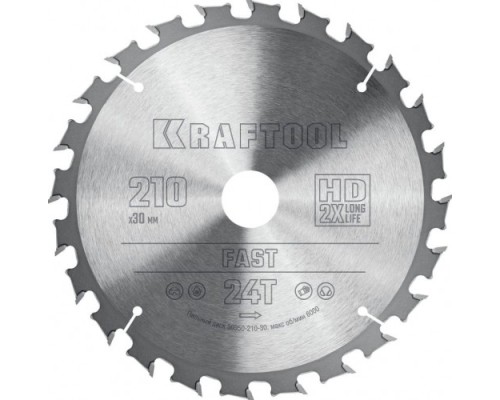 Пильный диск по дереву KRAFTOOL 36950-210-30 Fast 210х30мм 24T