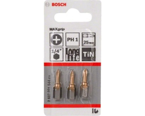 Бита для заворачивания BOSCH Max Grip 25 мм PH1 3шт [2607001544]