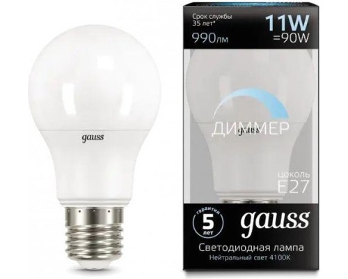 Лампа светодиодная GAUSS A60 a60 11w 990lm 4100к e27 диммируемая led [102502211-D]