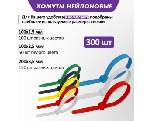 Набор хомутов REXANT 100, 200 мм, цветные нх-2, тубус 300 шт. [07-7202]