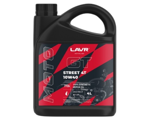 Масло для мотоциклов LAVR MOTO GT STREET 4T 10W40 SM, 4 л Ln7726 Масло для мотоциклов LAVR MOTO GT STREET 4T 10W40 SM, 4 л Ln7726