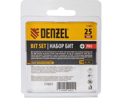 Набор бит DENZEL PH1х25 сталь s2, шестигранный профиль, 10 шт. [11651]