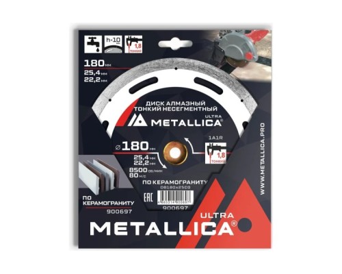 Алмазный диск для резки гранита METALLICA Ultra 180x25,4/22,2 мм, H=10 мм тонкий несегментный [900697]