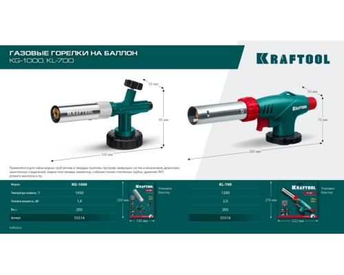 Газовая горелка KRAFTOOL KL-700 с пьезоподжигом, 1400°C [55516]