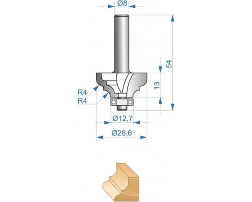 Фреза по дереву ЭНКОР ф28.6х13, r4, хв. 8мм кромочная калевочная [9250]