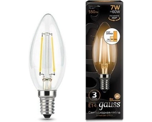 Лампа светодиодная GAUSS Свеча filament 7w 550lm 2700к е14 шаг. диммирование led [103801107-S]