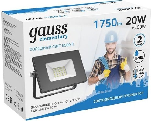 Прожектор GAUSS Elementary 20w 1750lm 6500к 200-240v ip65 черный led [613100320]