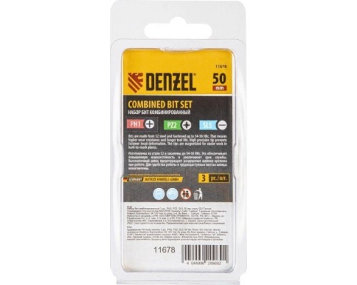 Набор бит DENZEL PH2, PZ2, SL5 комбинированный 3 шт., 50 мм, сталь s2 [11678]