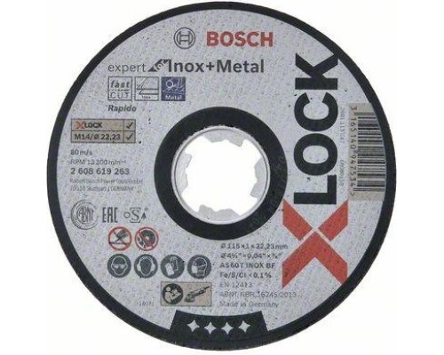 Отрезной круг по нержавеющей стали X-LOCK BOSCH 115х1,0х22 мм AS60TINOX-BF Expert for Inox and Metal [2608619263]