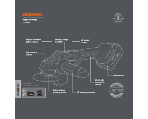 Угловая шлифмашина аккумуляторная DAEWOO DAG 3021Li SET